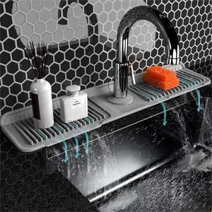 Kitchen Sink Silicone Folding Faucet Mat, 24 Inch Splash Guard, 6° Slope Water Draining Mat, Bathroom Sink Protector,  Sink Accessories for Kitchen Household Items Cleaners,Gray Silicone Fasten Button Mat, Water Flow Control for Kitchen and Bath