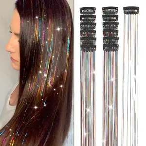 Hair Tinsel Kit Pack of 12 Pcs Hair Tinsel Clip in 20Inch Glitter Tinsel Hair Extensions Heat Resistant Clip in Hair Tinsel Sparkle Fairy Hair Accessories for Kids Girls Women