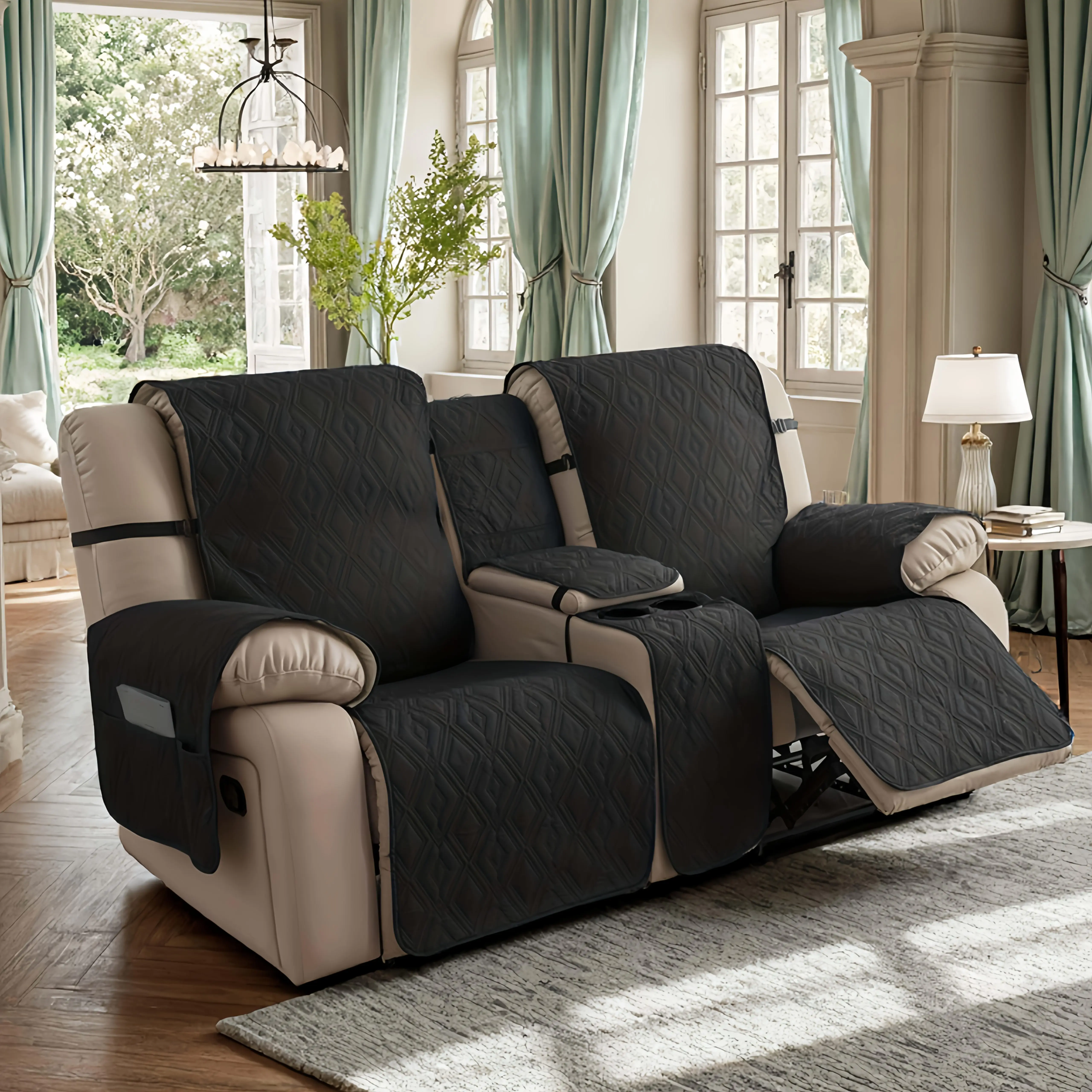 Waterproof Recliner Cover wIth Console, Non-Slip Design, Pet-Proof Furniture Protector | Fits 2-Seat Adjustable Chaise Lounge, Washable & Durable