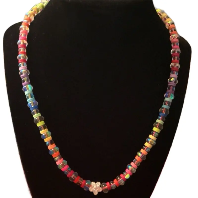 Rainbow Beaded Necklace - Iridescent Glass & Clay Beads| Rainbow beaded necklace- Pearl Beads and clay beads