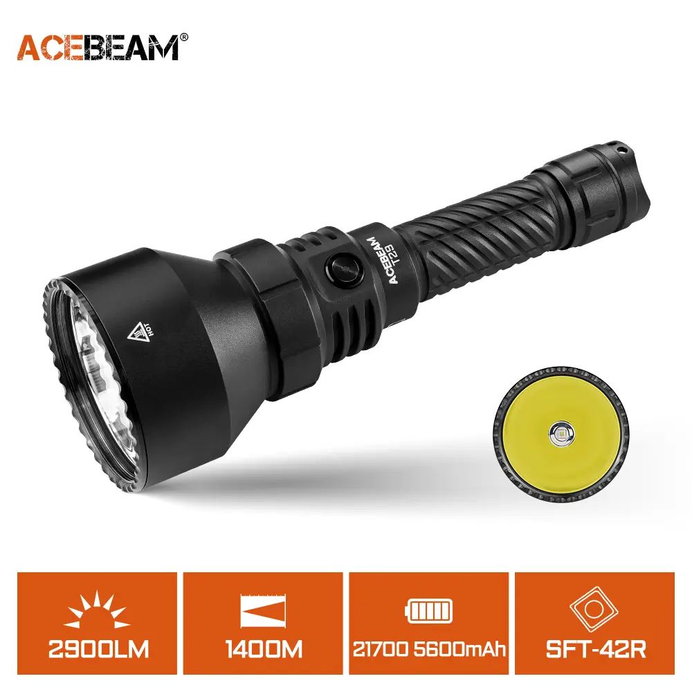 ACEBEAM T29 Long-Range Hunting LED Flashlight, 1531 yd Throw, 2900 lm Max Rechargeable Tactical Light with Dual Switches, Lanyard, Aluminum Hard-Anodized Body, SFT-42R LED, Lithium-Ion Battery, USB Port, IP68 Waterproof, Turbo Mode for Hunting Safety