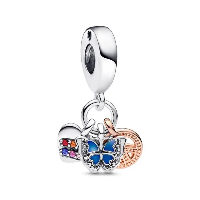 Pandora Two-Tone Rainbow Heart Butterfly & Peace Triple Dangle Charm 782572C01