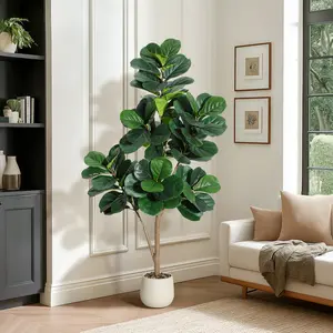 5FT Fiddle Leaf Fig Tree Artificial with 77 Leaves - Realistic Faux Ficus Lyrata Trees in 7.8" White Planter Pot, Indoor Fake Floor Plants for Home Office Living Room Decor, Housewarming Gift Decorative Fruit