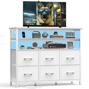 45" Media Console & TV Stand with 6 Storage Drawers, Built-in Charging Station (AC/USB/Type-C) & LED Lights, Wood Top Entertainment Cabinet with 2 Shelves for Corner