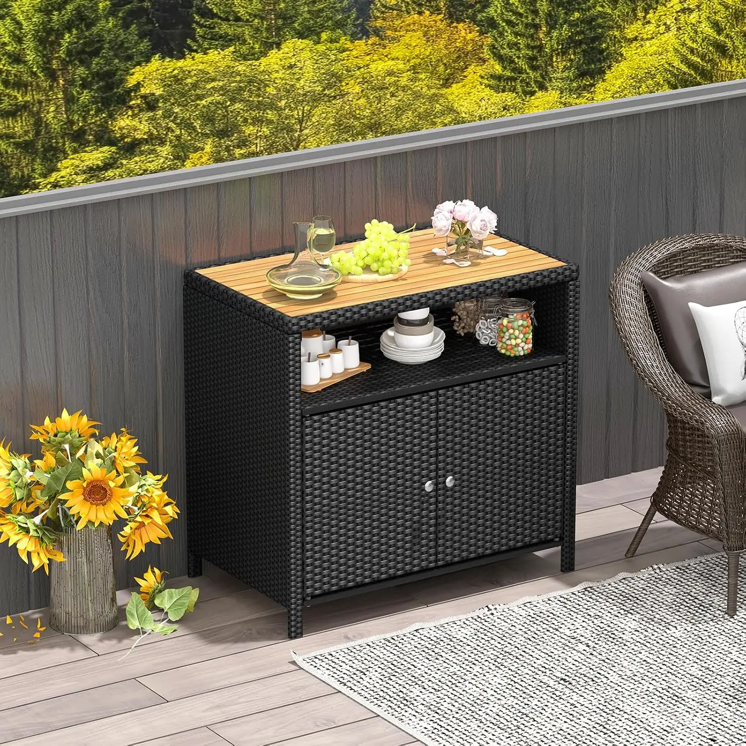 Vallmore Outdoor Rattan Sideboard with Acacia Wood Top, 2-Door Enclosed Cabinet, Open Compartment, 100 lbs Countertop, Magnetic Catches, 3.5" Floor Clearance for Patio, Bar, Poolside