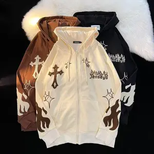 Mens Streetwear Cross Embroidery Zip Up Cardigan Hoodies Y2K Vintage Skeleton Spider Hoodie Men Oversize Black Hooded Sweatshirt