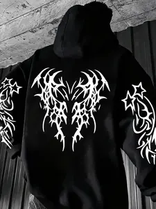 Men's Dark Thorn Wings Graphic Black Hoodie, Gothic Theme Streetwear, Trendy Urban Outfit with Bold Print, Comfortable Soft Fabric, Versatile for Relaxed Evenings, Errands & Casual Hangouts, Ideal for Modern Fashion-Forward Wardrobes