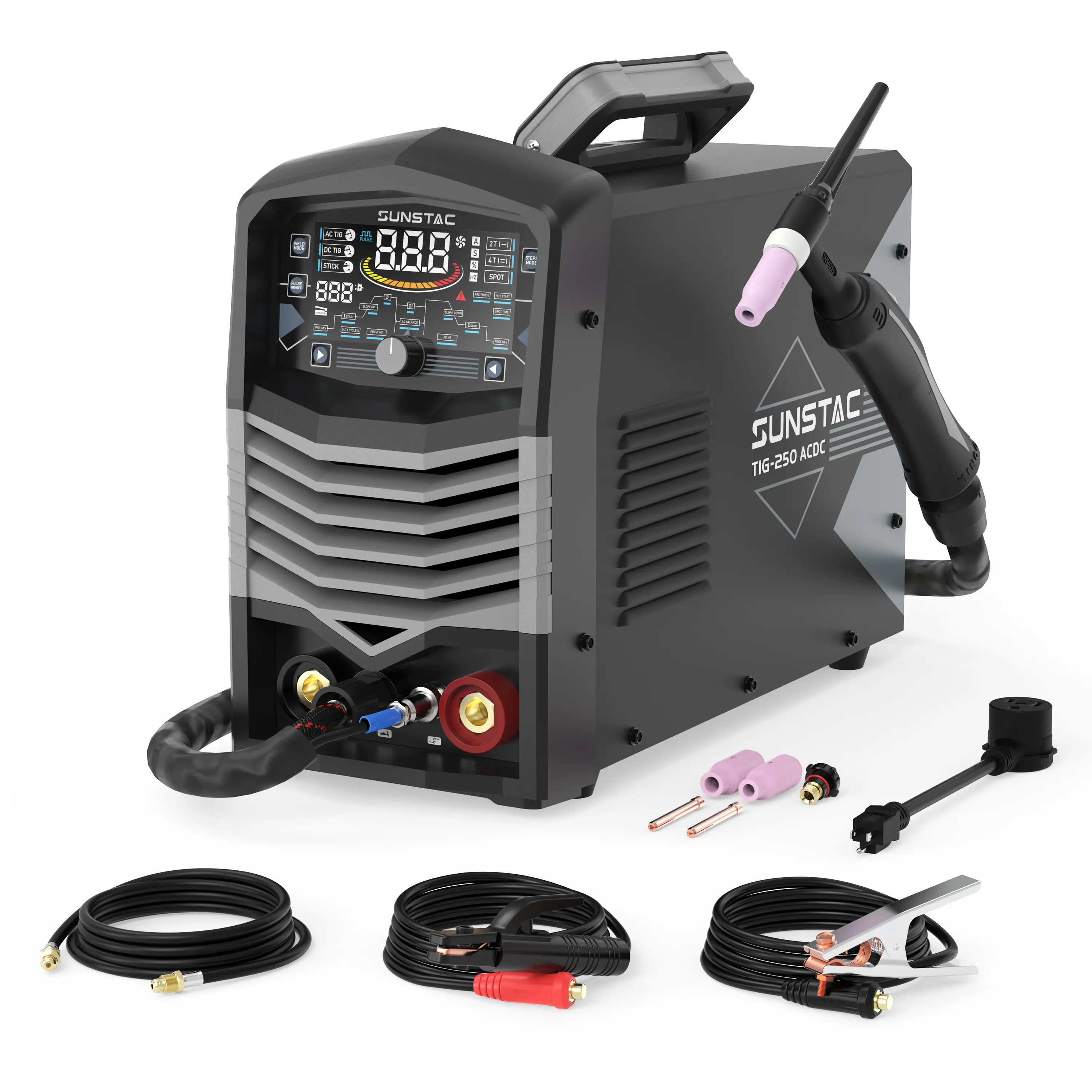 Sunstac TIG-250-ACDC 250A AC/DC Aluminum TIG Welder, 5-In-1 AC TIG/DC TIG/Pulse TIG/Spot TIG/Stick with Large Digital Display, 110V/220V Dual Voltages IGBT Inverter Welding Machine