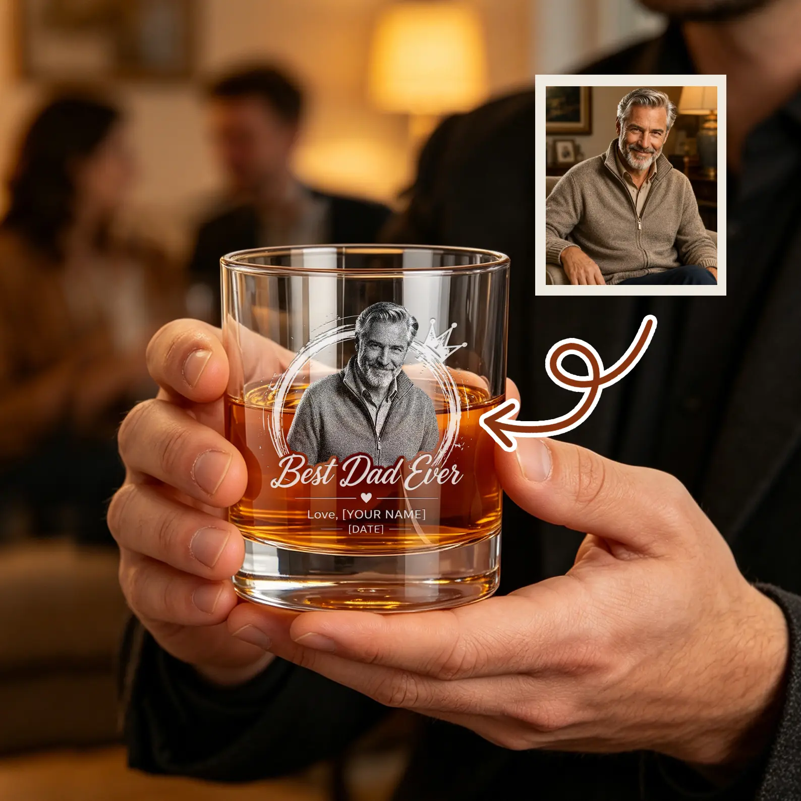 Father's Day Custom Photo Whiskey Glass 12oz | 4 Designs to Choose | Personalized Name & Date | Engraved Rocks Glass Birthday Gift for Dad + Wooden Box