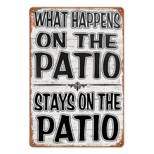 [1pc Vintage Iron Sign] 1pc Vintage Iron Wall Hanging Sign "What Happens on the Patio Stays on the Patio"| Multipurpose Decorative Metal Tin Plaque for Outdoor, Home Bar, Backyard| 12x8 Inch, No Electricity Needed