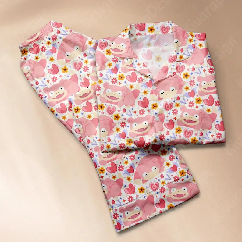Cute Anime Kawaii Polyester Loungewear, Cozy Cosplay Sleepwear Gift for Fans, Women's Short-Sleeve Slowpoke Pajama Set