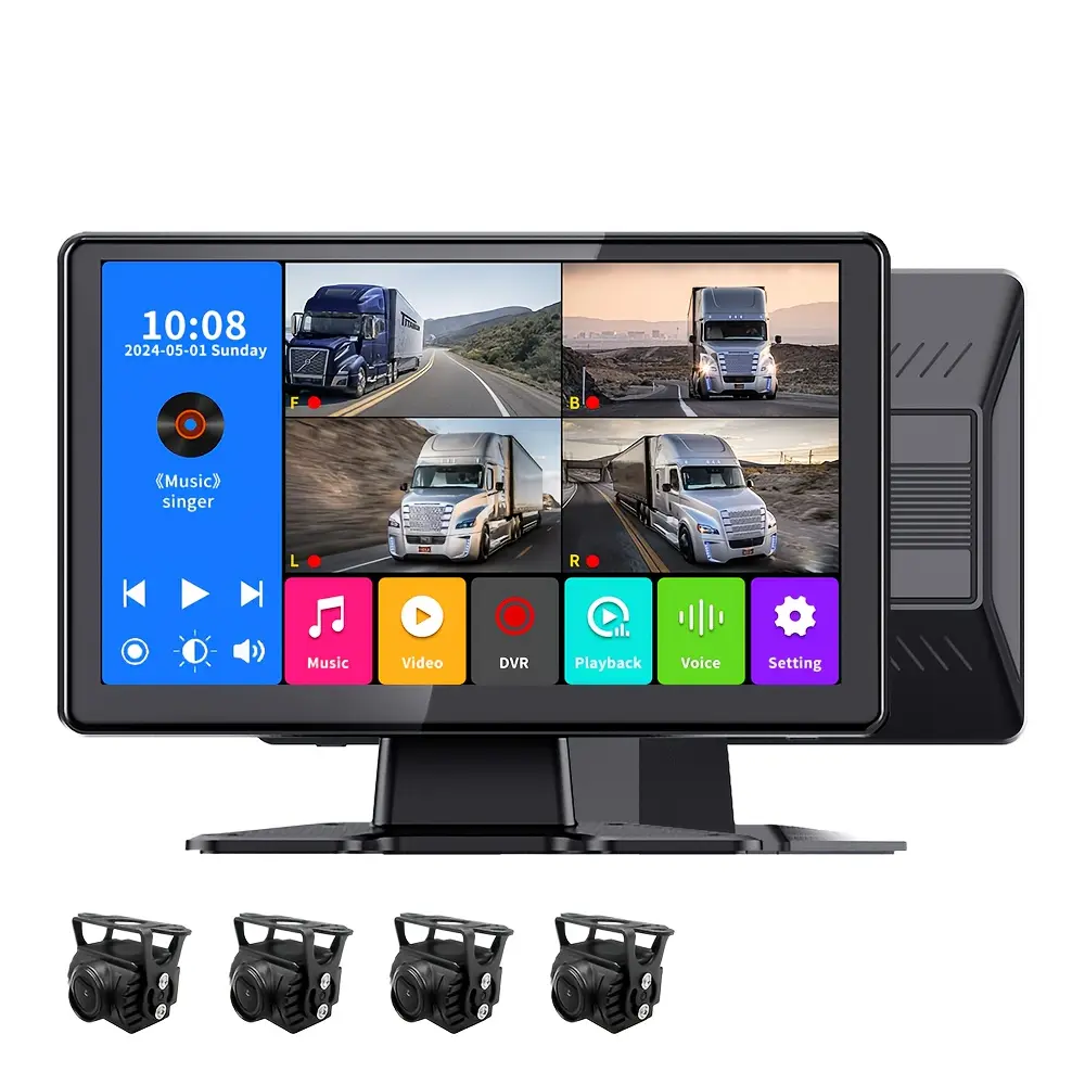 GYIOEUPT 10.1-Inch Capacitive Touch Screen Automotive Video Recorder, 1080P HD 4CH Split Screen Wired DVR, 64 GB Storage, 12V-36V ACC Power, Night Vision Aid, Parking Assist, Music Playback Mode, Voice Control, ABS Plastic for Trucks/RVs