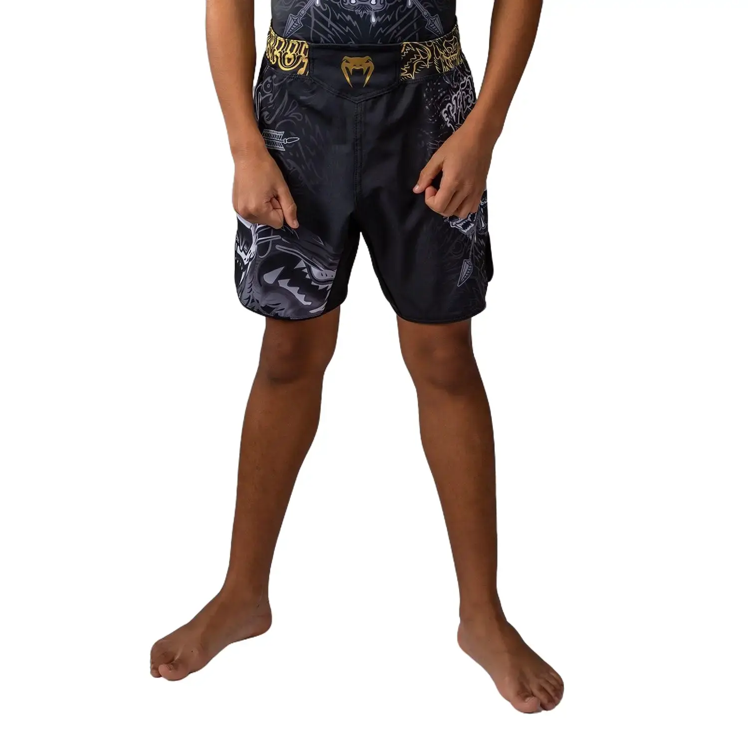 Venum Youth Wolf Atak Fightshorts - Lightweight Flexible Fabric for MMA, Martial Arts & Athletic Performance - Black/Grey