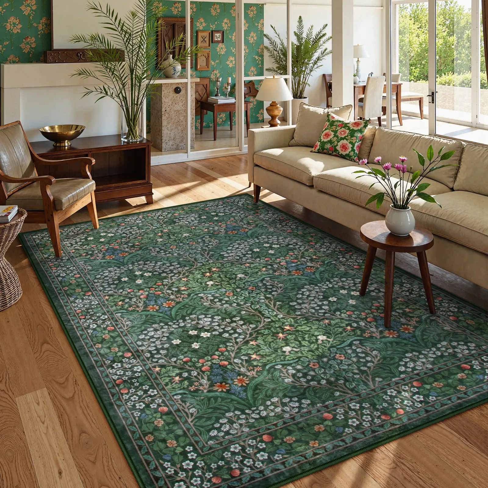 Lahome Floral Area Rugs, Soft Washable Rugs for Living Room Bedroom, Boho Non-Slip Forest Large Throw Carpet for Farmhouse Dining Room Office