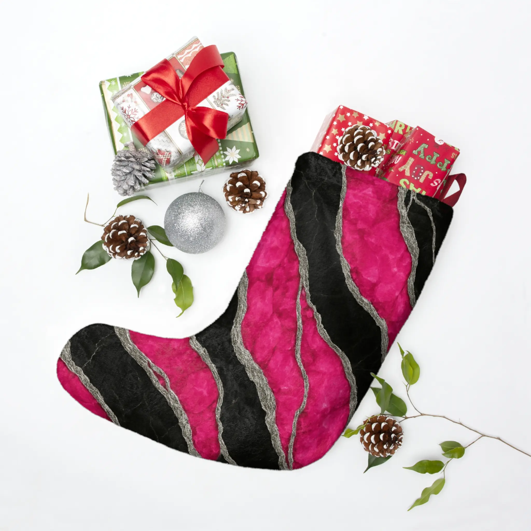 Pink Silver & Black Marble Christmas Stocking, Luxury Holiday Décor, Plush Modern Fireplace Stocking