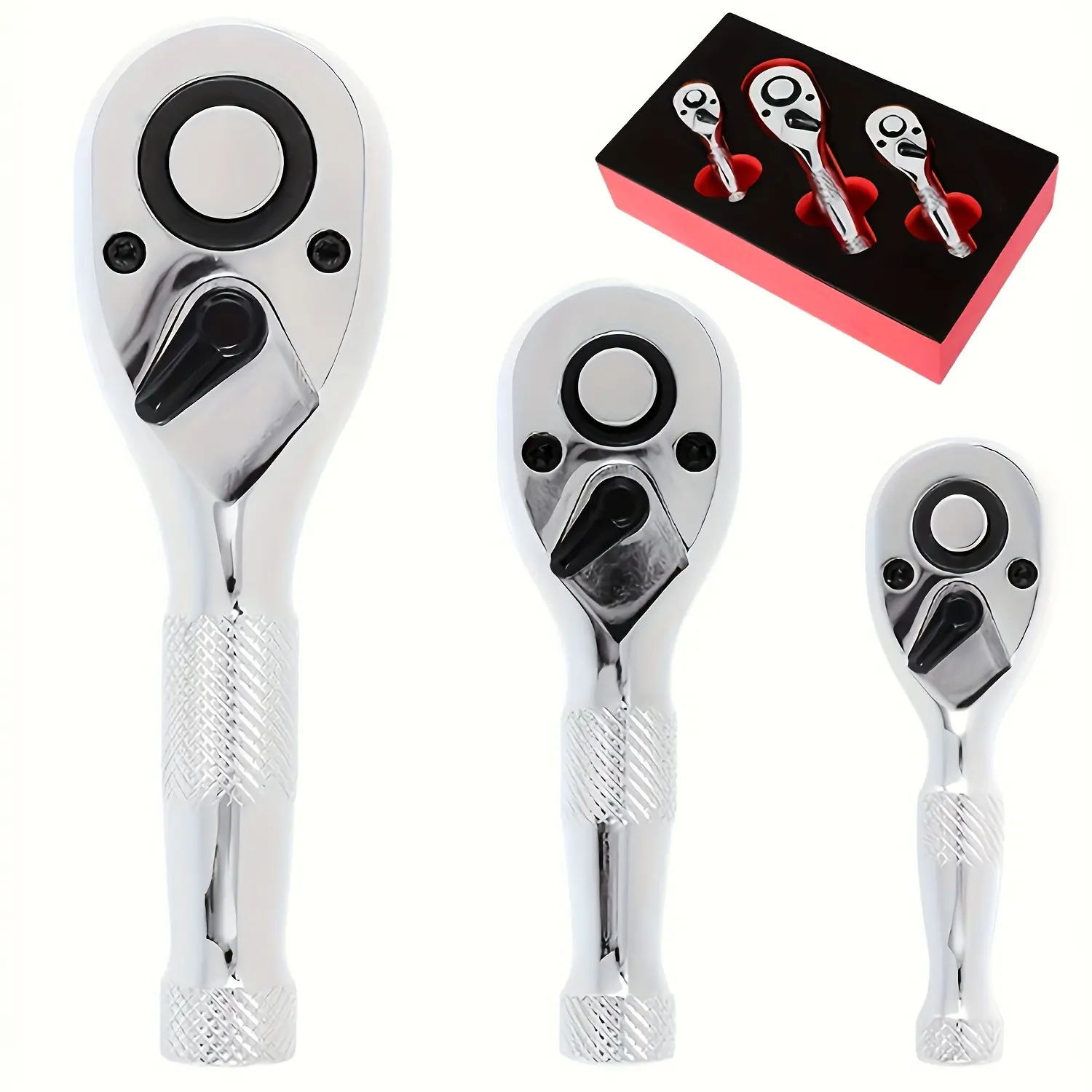 Stubby Ratchet Set, 1/4", 3/8", 1/2" Drive Ratchet Handle Wrench 72-Tooth Quick-Release Reversible