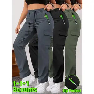 3 Pack Casual Cargo Pants - Casual Streetwear Pants, Non-Stretch Fabric, Adjustable Drawstring Waist, Multiple Pockets, Quality Stitching, Machine Washable, All-Season Outdoor Attire (Black, Gray, Blue, Green)
