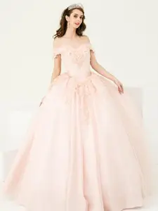 NO.55 Blush Champagne Offwhite Ball Gown Dress Crystal Beading and Sequin Appliqué Glitter Tulle Quinceañera Dress