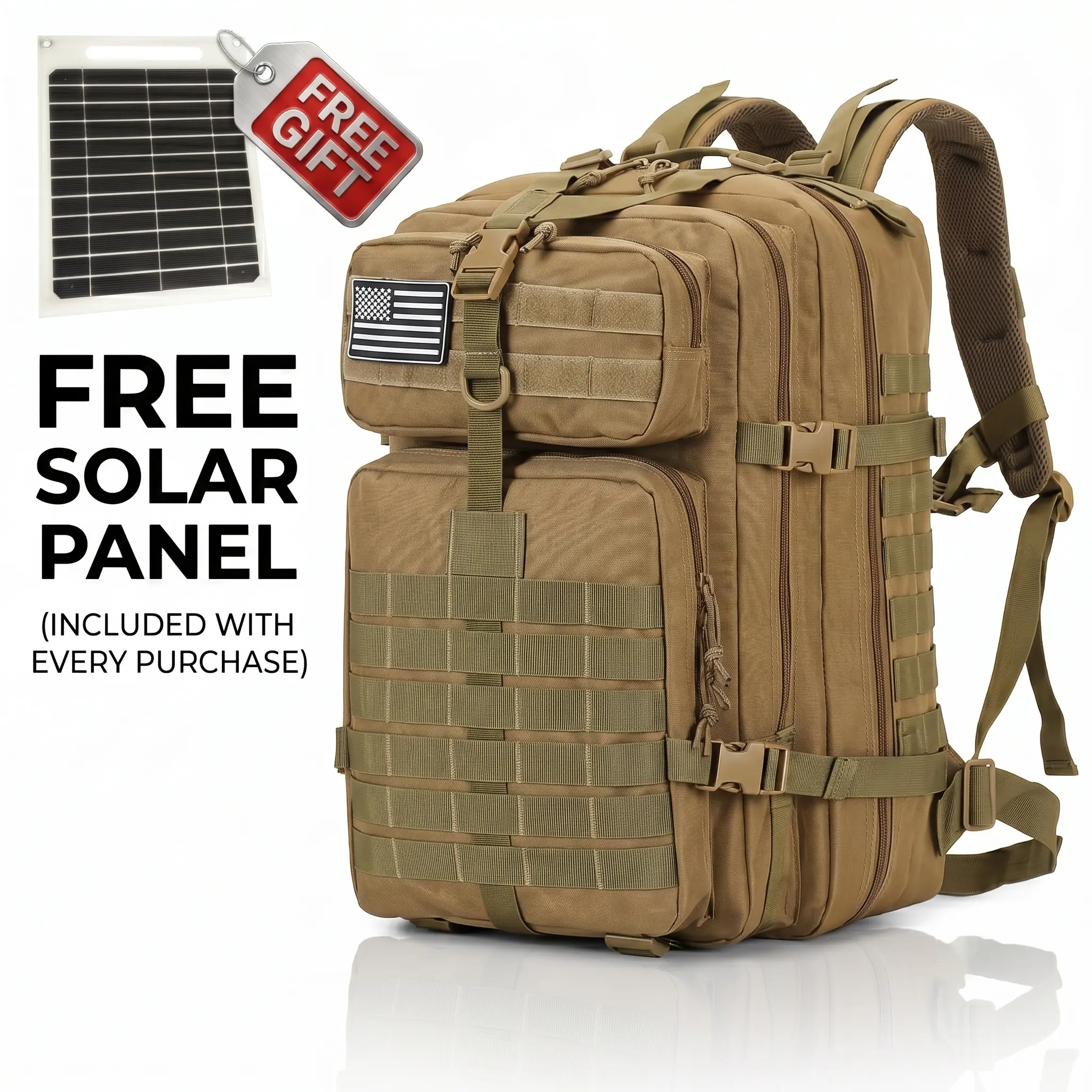 45L/11.89Gal Large-Capacity Tactical Waterproof Solar Backpack with Charging Panel, USB & Type-C Ports, U.S. Flag Patch, Chargers - Rugged All-Weather Outdoor Gear for Camping, Emergencies
