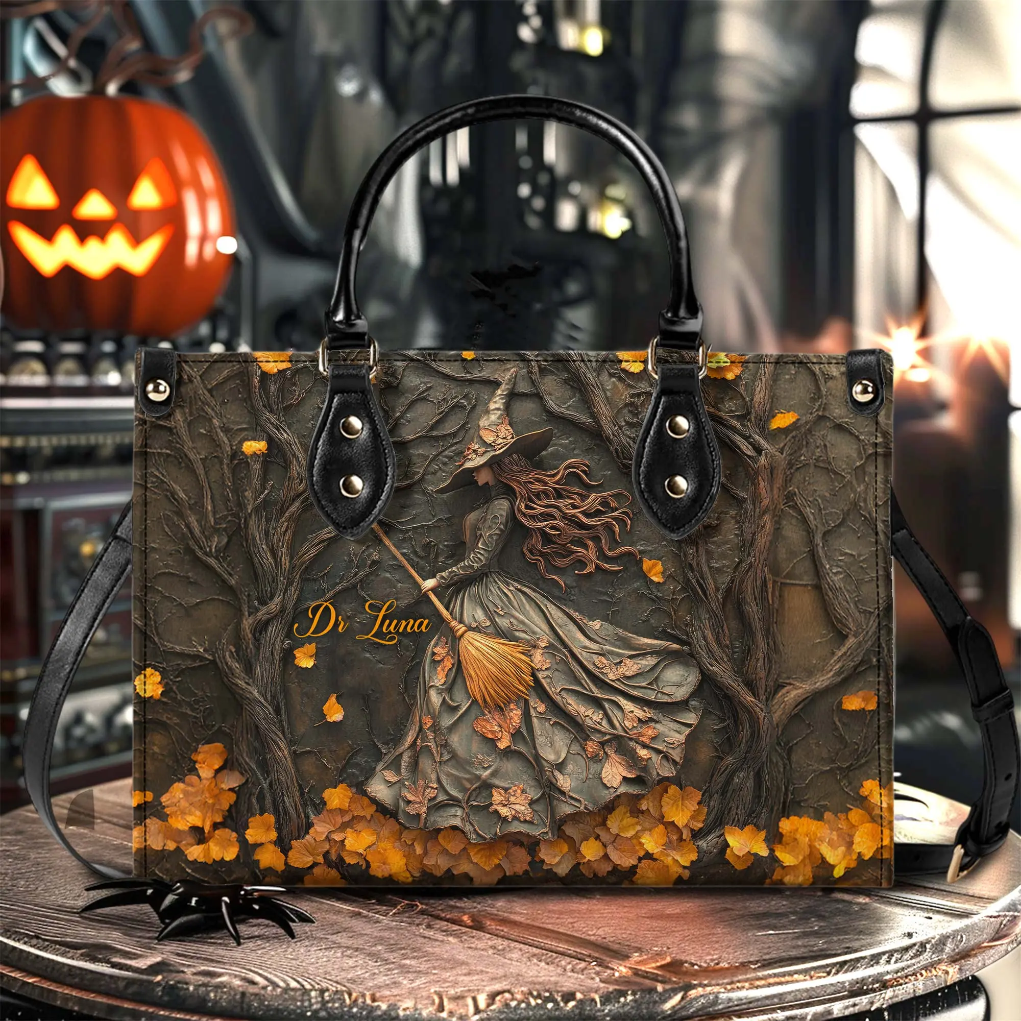 Personalized Witch Leather Handbag for Women, Custom Name PU Leather Tote Bag, Autumn Witch Shoulder Purse, Halloween Witchy Fashion Bag, Fall Forest Handbag, Gothic Everyday Tote, Halloween Gift for Her, Witch Lover Gift