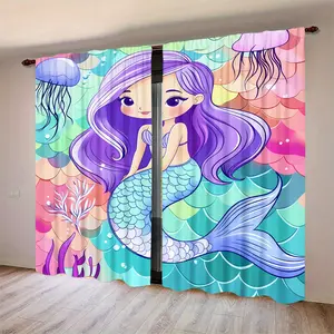 Cartoon Mermaid Ocean Print Curtains Set, Semi-Sheer Polyester Fabric, Modern Design, Home Decor, Bedroom and Living Room Drapes, Window Curtain
