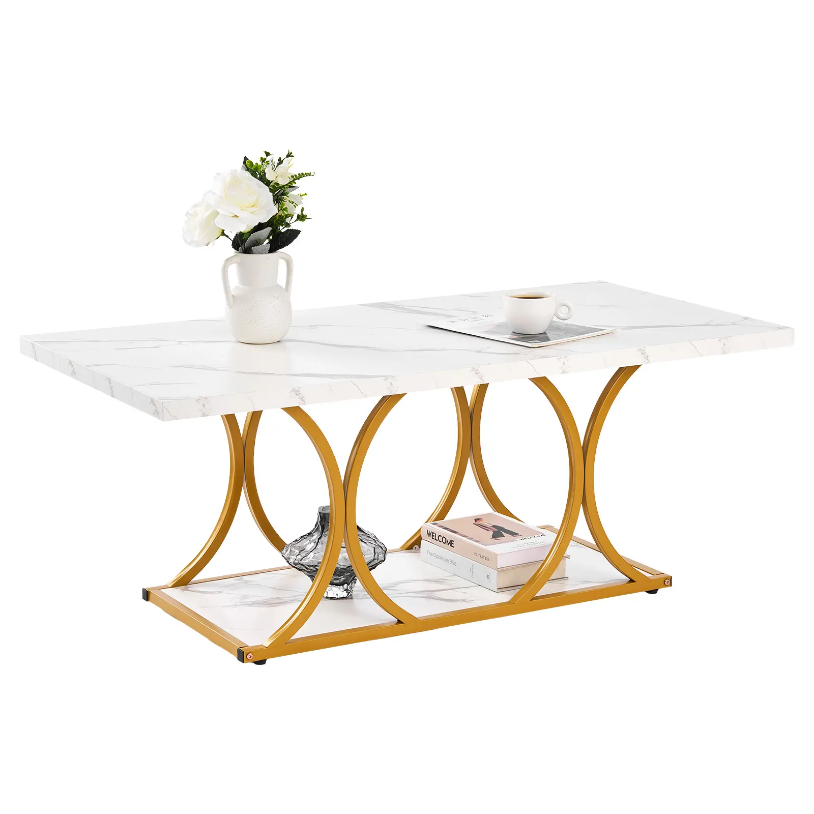VEVOR Coffee Table, Modern Faux Marble Coffee Table, Large 2-Tier Rectangle Center Desk with Geometric Legs, Minimalist Sturdy Metal Frame Accent End Desk for Living Room, Office, Easy Assembly, White