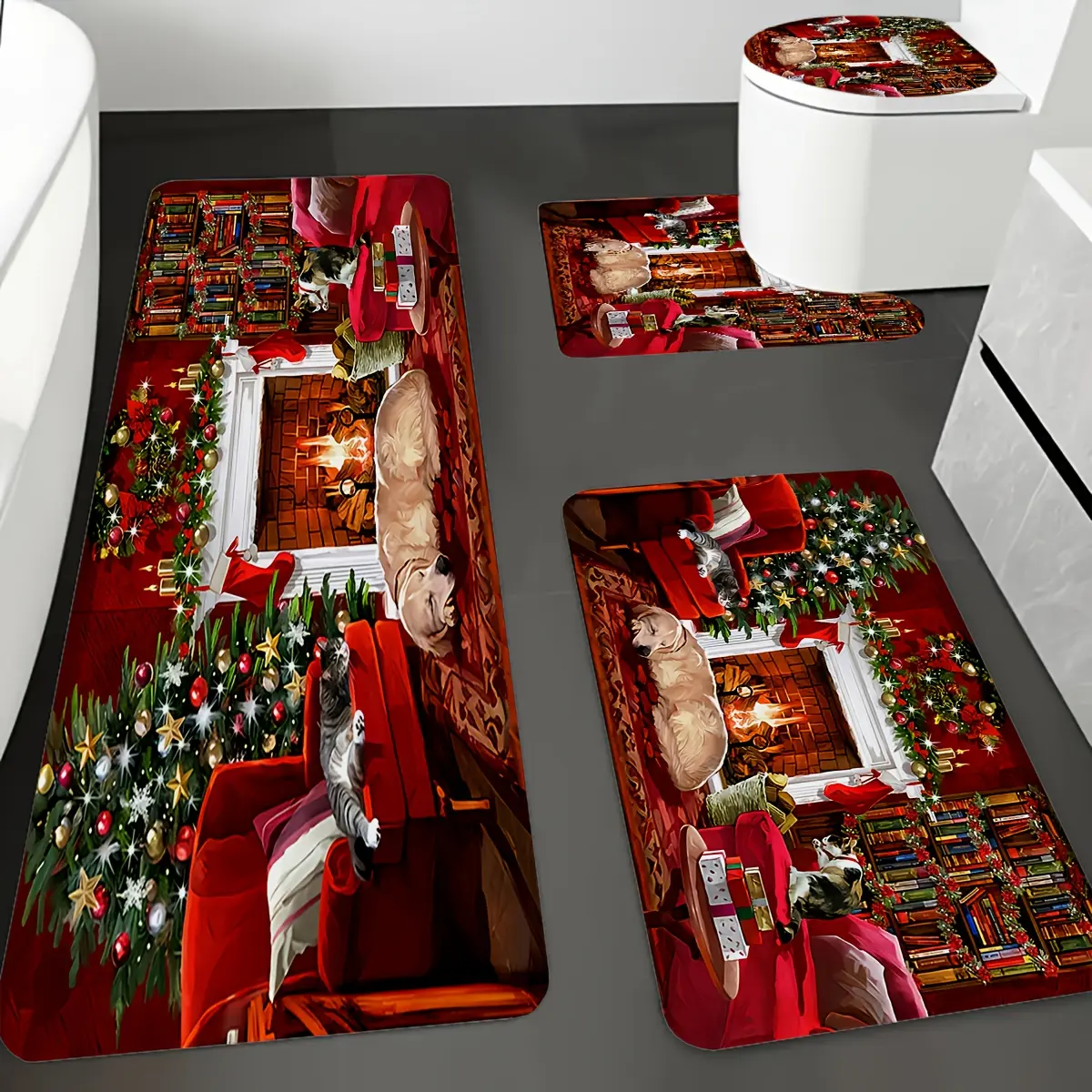 2D Flat 2/3/4PCS Christmas Cozy Fireplace Dog Cat Holiday Bathroom Mat Set, Soft Absorbent Bath Rug Kit with Toilet Lid Cover & U‑Shape Toilet Mat, Floor Mats for Shower Tub Xmas Home Decor,Diatomite,rubber,Countertop,non,Non-Slip,u-shaped,nonslip,Cotton,