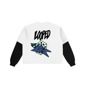 LOOPED White Long Sleeve Medium Size Top with Black Sleeves and Dice Graphic Design Product