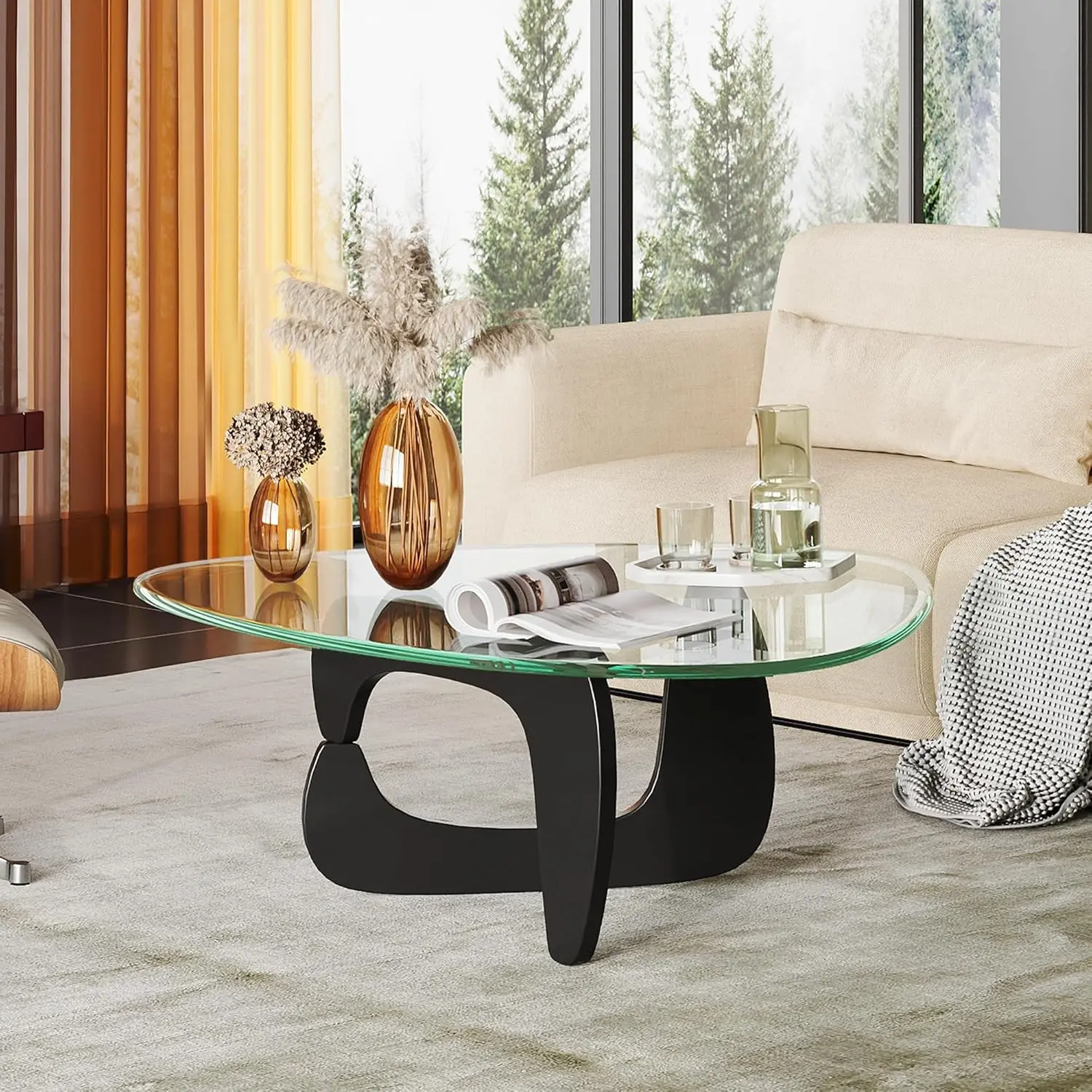 WLIVE Coffee Table, Small Glass Coffee Table with Solid Wood Legs, 36" Mid Century Triangle Living Room Tables, Modern Center Table for Living Room, Reception, Office, Black