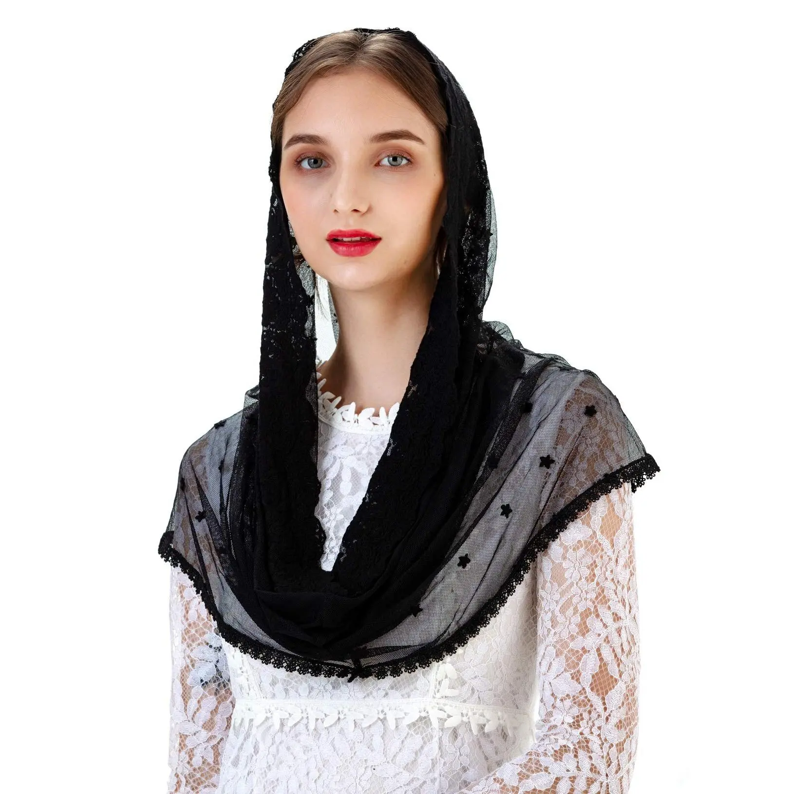 Women's Infinity Chapel Veil, Soft Floral Venise Lace Mantilla with Embroidery, Convertible Shawl for Church and Wedding Use, Floral Pattern Shawl, Ceremony, Lightweight, Star-Flower