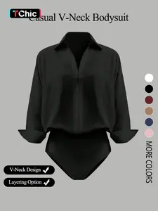 Women's casual loose V-neck long-sleeved shirt jumpsuit, elegant woven fabric, slim fit, suitable for all seasons, and can be layered flexibly, Womenswear
