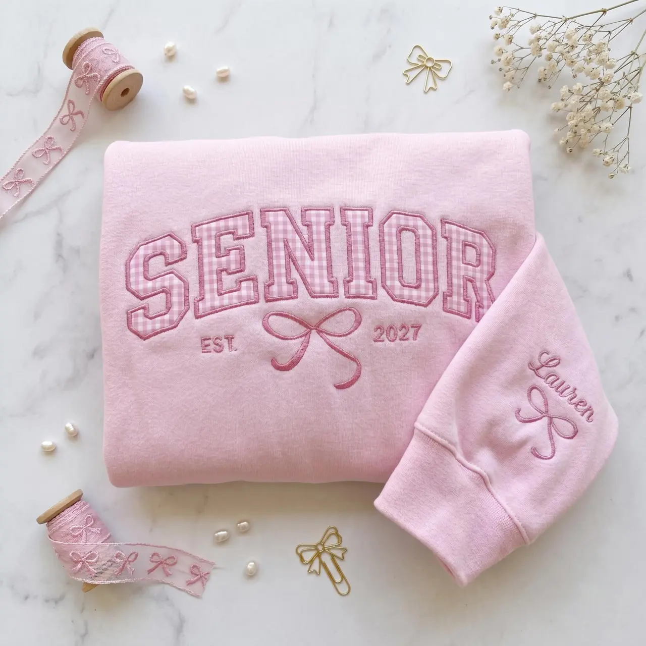 (Leave a note) Senior 2027 Custom Embroidered Sweatshirt, Custom Name on Sleeve Senior Crewneck Sweatshirt, Class of 2027 Personalized Sweatshirt