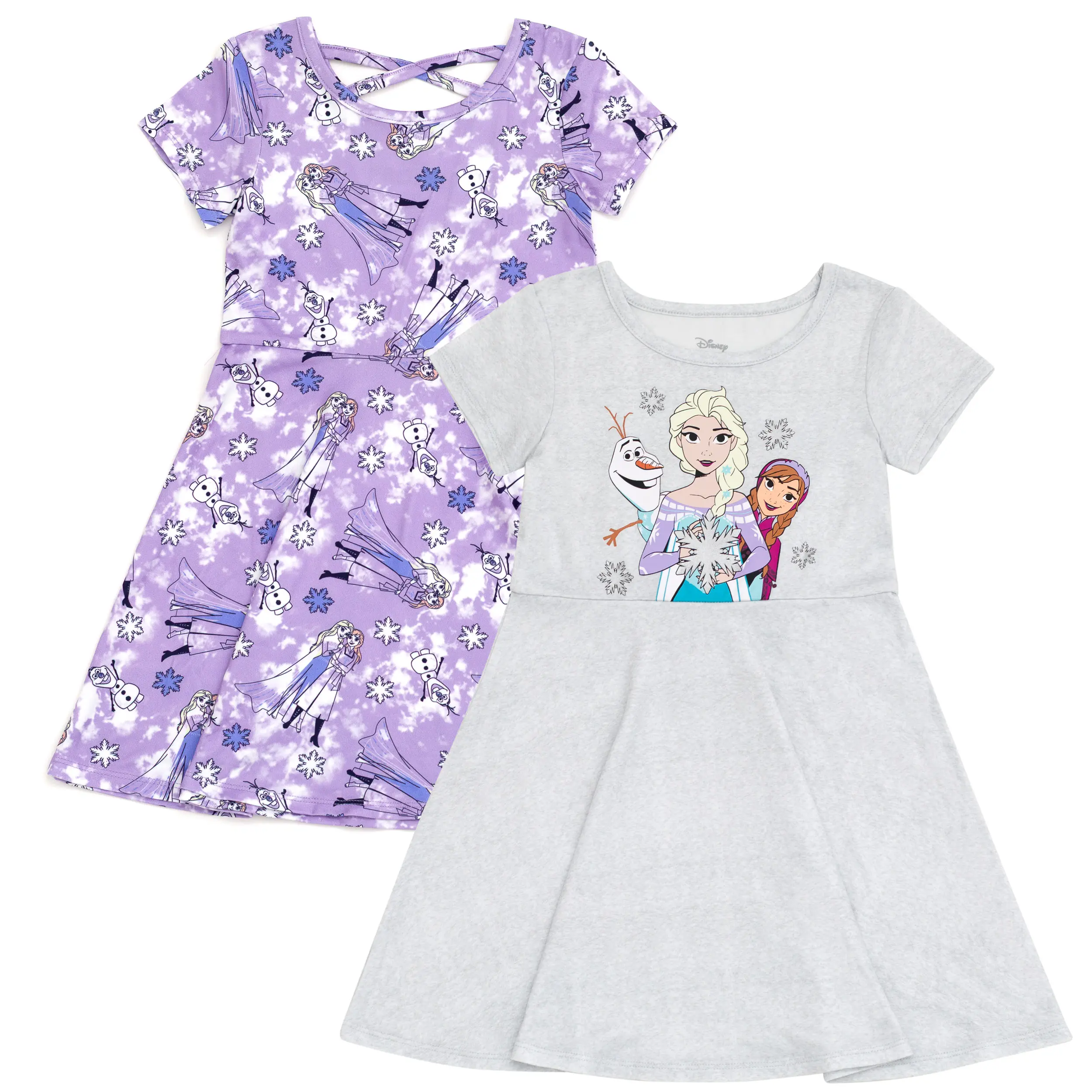 Disney Frozen Girls' Fit and Flare Dresses 2-Pack, Soft Jersey Casual Playwear featuring Purple Tie Dye and Grey Character Front Graphics