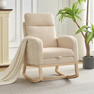 Modern Nursery Rocking Chair, Teddy Upholstered Rocking Chair with Footrest, Rocker Glider for Living Room, Bedroom, Nursing Room，Beige