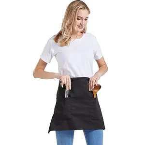 Short Server Apron with Multiple Pockets, Studded Buckle Unisex Half Waiter Apron, Universal Half Bust Bib Apron for Restaurant Kitchen Basic