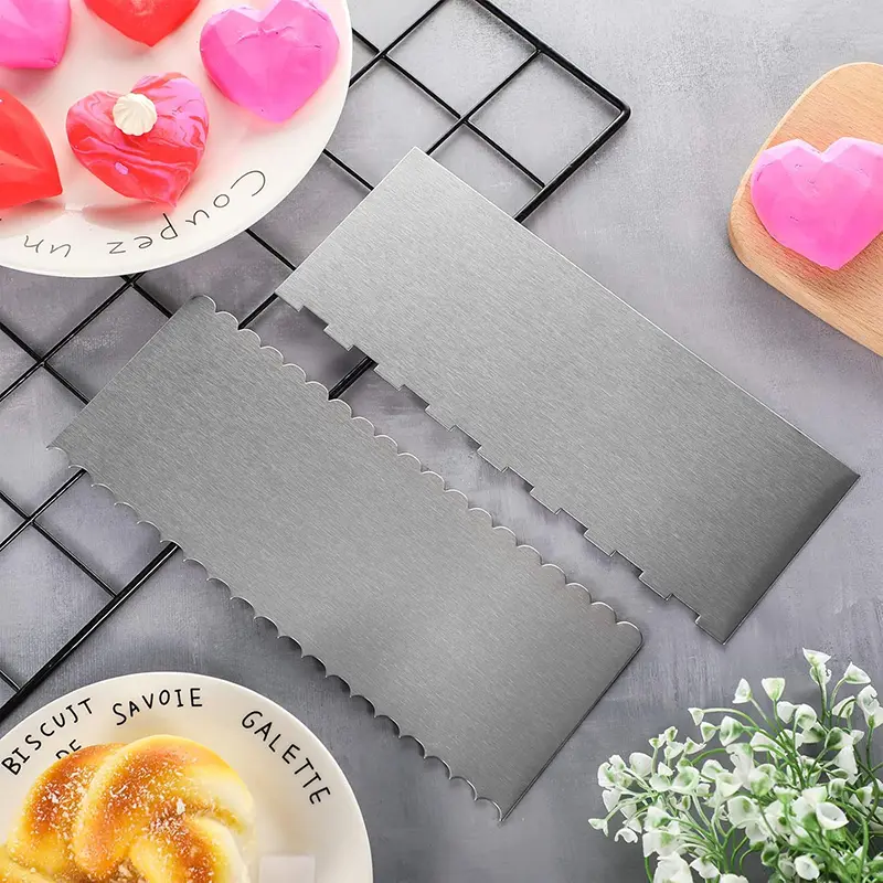 1pc multiple stainless steel cake scraper, large double sided pattern edge striped edge smoothing scraper, cake decoration pastry cutter, for mousse butter cream decoration, kitchen gadgets, Pastry Decorating Tools, Baking Supplies