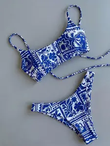 French Blue Print Two-Piece Swimsuit Set, Vintage Towel Print Back Tie Design, High Split Cut, Beach Swimwear, Summer Bikini, Triangle Bikini Sets
