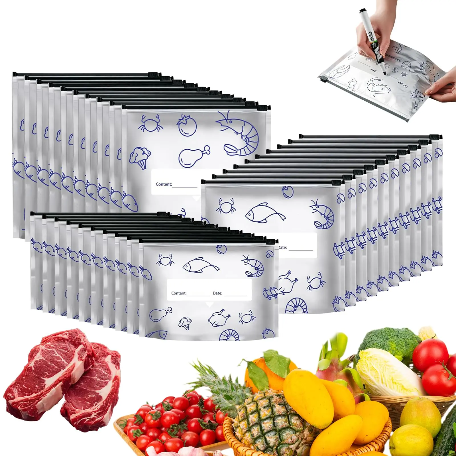 30Pcs Disposable Aluminum Foil Stand-Up Zipper Pouches, Leakproof Seal Storage Bags for Meat, Veggies, Freezer Kitchen Food Preservation