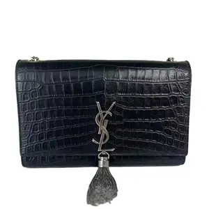 Pre-owned YSL Leather Crossbody Bags Yves Saint Laurent Black Classic Monogram Tassel Crossbody Bag with Crocodile Texture and Silver Hardware