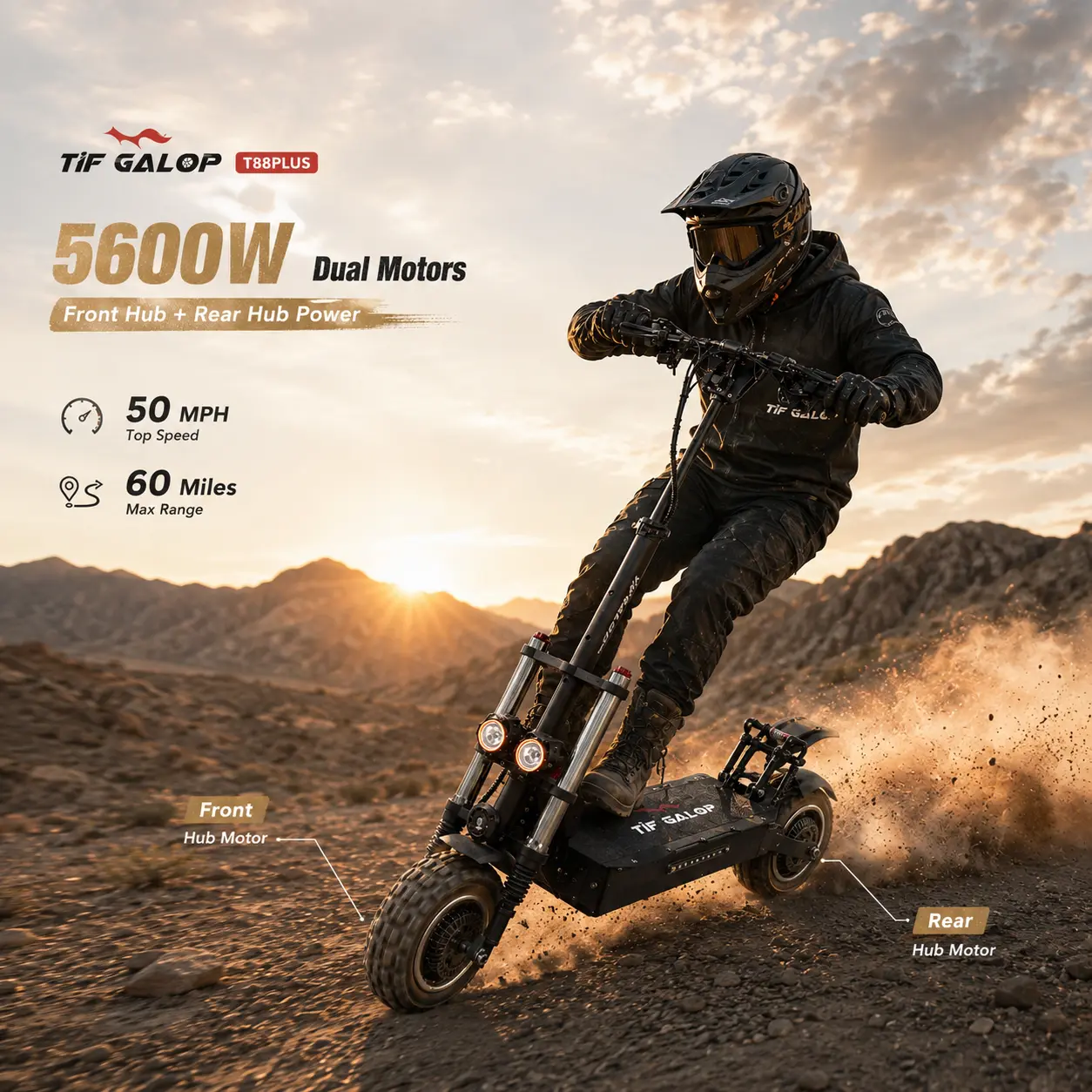 TIFGALOP T88PLUS Adult Electric Scooter - 5600W Off-Road Scooter, 50MPH Top Speed, 60Mi Range, 60V 33Ah Battery, 11in Fat Tires, Triple Hydraulic Suspension, Hydraulic Brakes, 550LBS Max Load