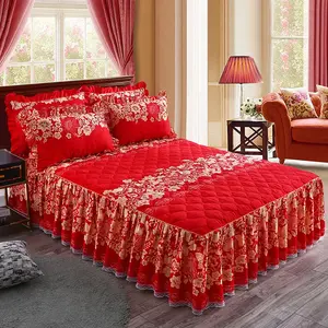 3pcs Brushed Macrame Bed Skirt & Tropical Floral Printed Flat Weave Bed Sheets Set, All-Season Bedding, Universal Non-Slip, Multi-Size - Twin, Queen, King