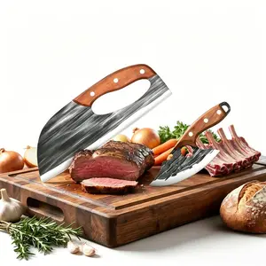 2 Pcs Hand Forged High Carbon Stainless Steel Chef Knife Set, Viking Japan Style Knives for Kitchen Cooking, Hunting, BBQ Meat & Vegetable Cutting, Premium Cutlery ,  2mm thick, lightweight and sharp, Perfect Gift for Men/Woman Block