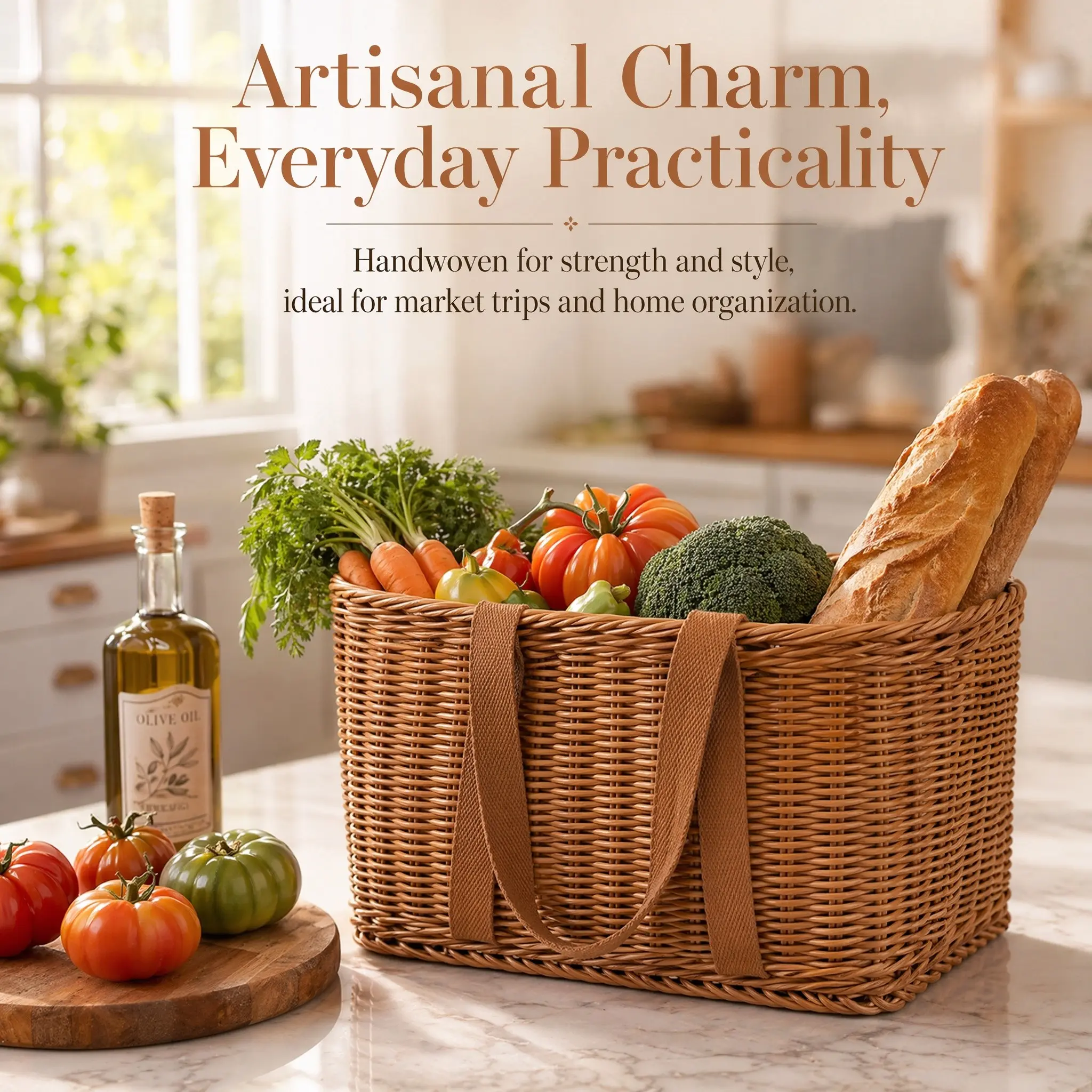 Luxury Natural Style Thickened Handwoven Basket, Durable Canvas Handle, Ideal for Picnics, Home Storage, Farm Use, Washable and Wear-Resistant, Handheld Picnic Basket