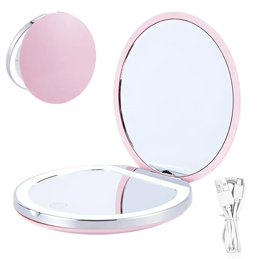 Portable LED Glass Makeup Mirror - 3x Magnifying, Charge via USB, Collapsible Foldable Small Flip Open Travel Mirror for Daily Use, Outing