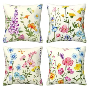 Spring floral pillow cover with colorful floral leaf decoration pillowcase, suitable for sofas, homes, gardens, outdoor, spring and summer decoration, 4-piece set with double-sided printing