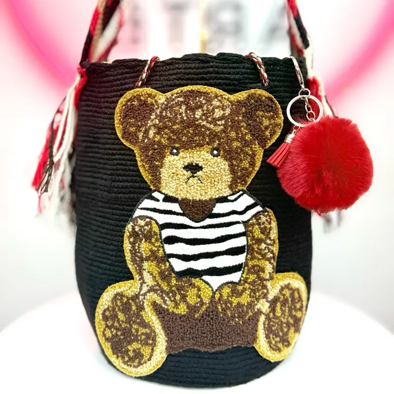 Handmade Teddy Bear Wayuu Crochet Bucket Bag – Cute Bear Crossbody Purse | Colombian Artisan Boho Shoulder Bag | Handwoven Tote