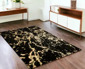 212 MAIN 4 x 6 ft. Black & Gold Faux Fur Abstract Shag Non-Skid Tufted Rectangle Area Rug, Faux Fur Texture, Rectangular Shape