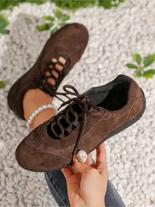 Suede Hollow-out Lace-Up Platform Sneakers | Height-Increasing Retro Casual Shoes for Women, Breathable Adjustable Sneakers, Trendy Sneakers, Versatile Thick Sole Sneaker (Brown/Khaki/Gray)