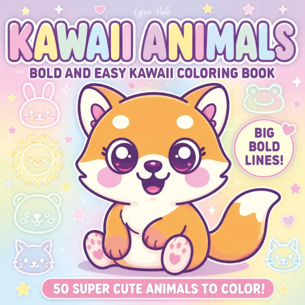 Kawaii Animals Coloring Book: 50 Super Cute Animals to Color! For Kids Ages 4-8, Bold Easy Style, Fun and Relaxing