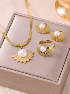 3-Piece French Vintage Stainless Steel Jewelry Set for Women, Elegant Necklace Earrings Ring Set, Luxury High-End Accessories